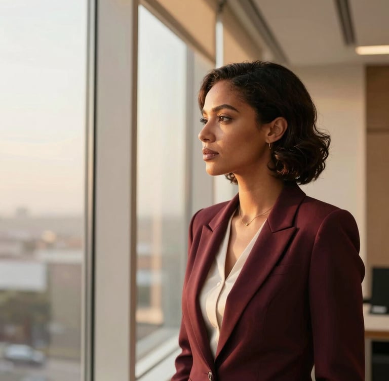 An elegant woman in a modern Luanda office looking thoughtfully out of a large window, soft directional golden-hour light, warm cream tones, high depth of field, editorial style.