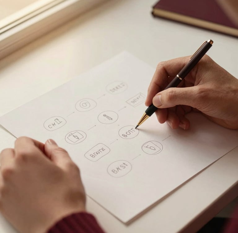 Close-up of a designer's hands sketching brand guidelines on a clean desk, warm natural light, minimal aesthetic, bordeaux tones, high depth of field