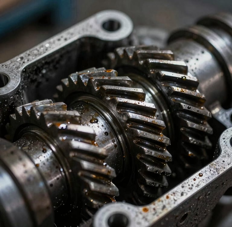 Close-up of oily metal gears and mechanical components inside an industrial gearbox assembly.