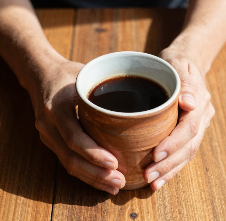 Close-up of hands holding a heavy, thick-rimmed terracotta mug filled with black coffee, warm direct sunlight casting sharp dramatic shadows on a rustic wooden table