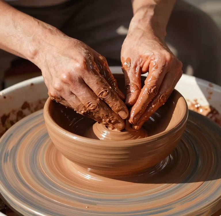 Close-up of a potter's hands shaping a thick clay bowl on a wheel, wet terracotta clay, warm direct sunlight, sharp shadows, macro 35mm