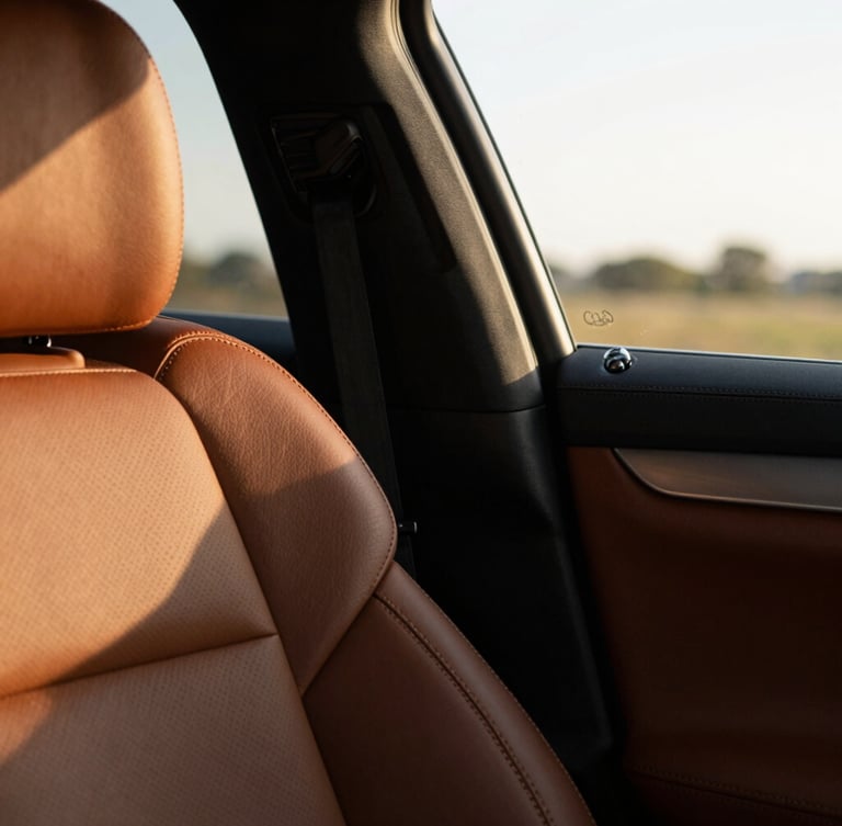 A quiet close-up of a luxury car's leather interior, warm morning light streaming through the window, shallow depth of field, 35mm.