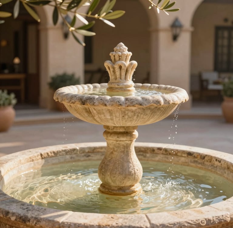 Intimate close-up of a hand-carved stone courtyard fountain in a boutique hotel, soft morning light filtering through olive branches, warm sand tones, 35mm