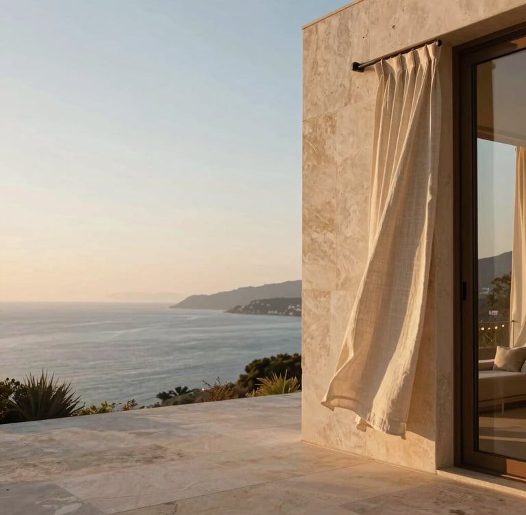 Low-angle shot of a minimalist limestone villa terrace overlooking a calm Mediterranean bay at dawn, warm morning light, soft linen curtains blowing, 35mm