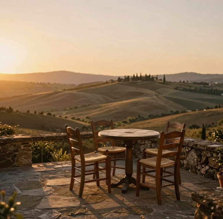 A quiet, warm-toned editorial photograph of a stone terrace overlooking the Tuscan hills at sunset, empty wooden chairs, soft golden light, 35mm
