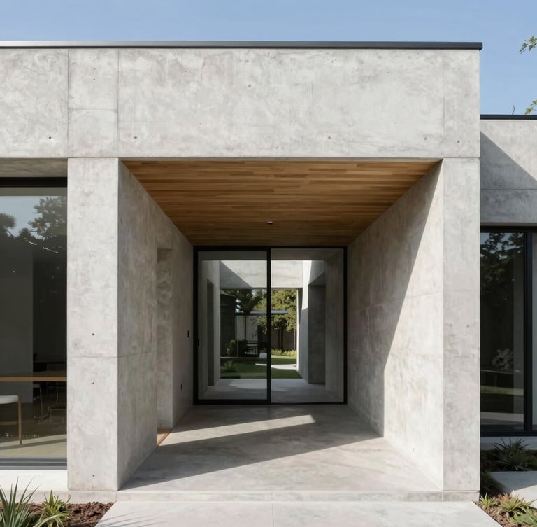 Straight-on architectural elevation of a modern concrete and oak residence, bright natural daylight casting sharp shadows across clean-lined spaces, minimalist exterior, 35mm lens photography.