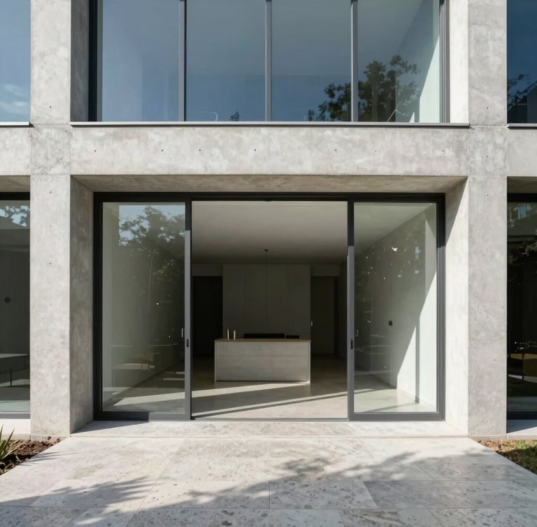 Straight-on architectural elevation of a concrete and glass modern house, sharp shadows, travertine floor, daylight