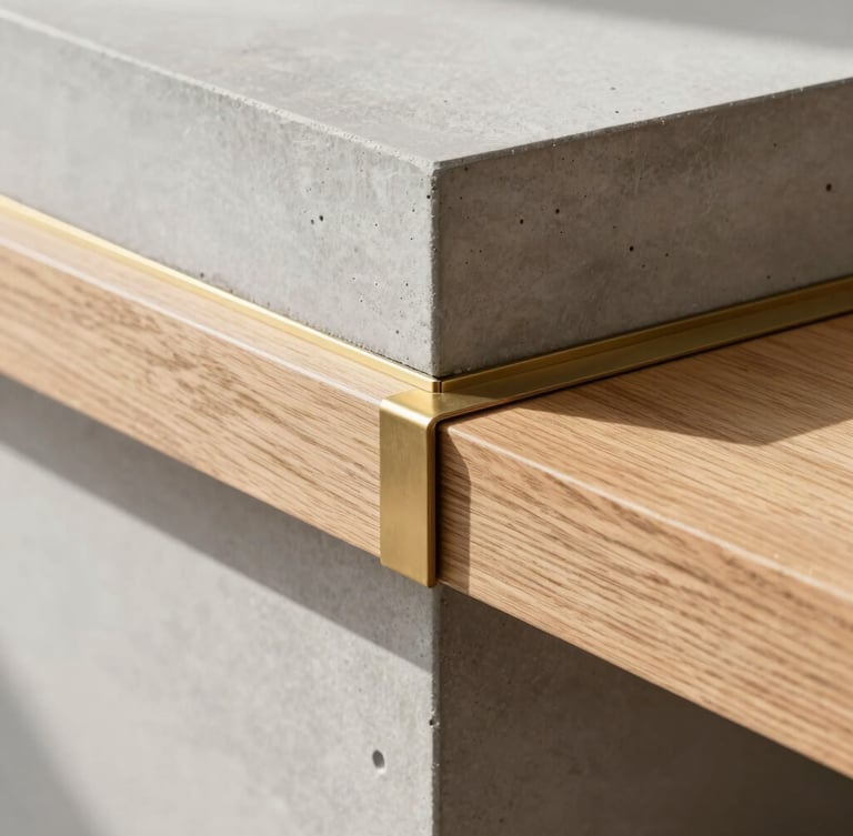 Close-up of premium building materials, raw oak timber meeting smooth cast concrete, brass details, natural side lighting