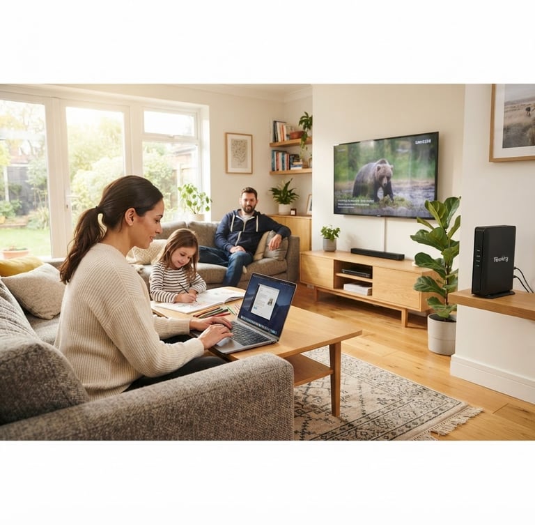 Wide panoramic view of a modern, clean living room bathed in warm natural morning light, a family quietly interacting, one person on a laptop, another watching a smart TV in the background, a sleek Fiberking router visible in a tidy corner, shallow depth of field, 35mm.
