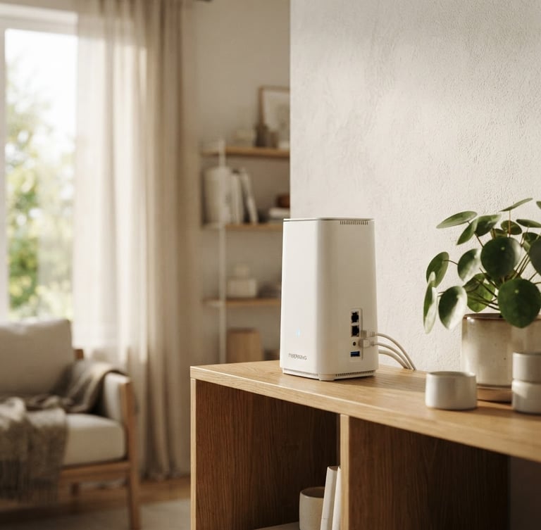 Router Fiberking yang estetik di sudut ruangan modern, cahaya alami pagi hari, fokus pada detail perangkat.