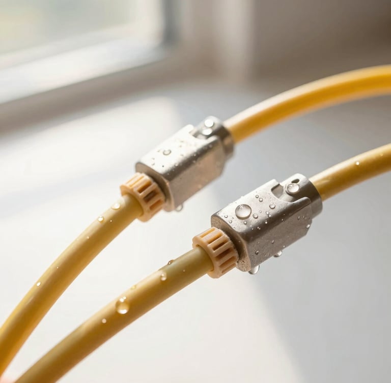 Close-up perbandingan kabel serat optik yang bersih dengan kabel tembaga lama yang berkarat, di bawah tetesan air hujan, cahaya alami, fokus tajam.