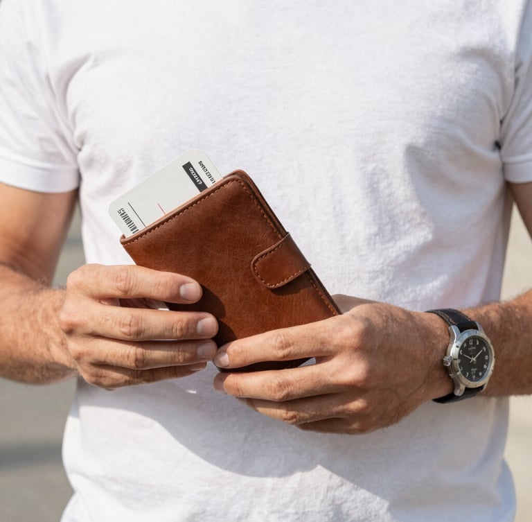 Close-up of a traveler's hands holding a leather boarding pass wallet and a luxury watch, clean composition, natural side light, 35mm lens