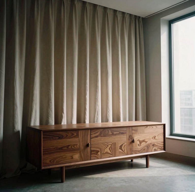 A minimalist penthouse interior with a low-slung walnut credenza, raw silk drapery, dramatic side-lit window daylight, medium format film