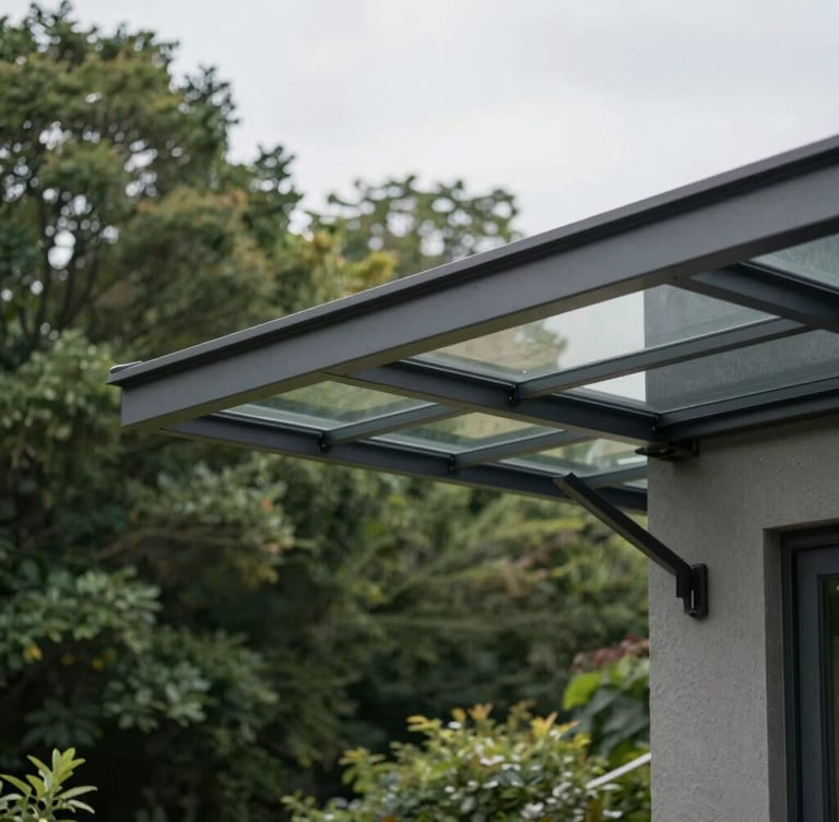 Low-angle architectural shot of a modern dark grey aluminum patio cover with integrated glass panels, attached to a minimalist house wall, overcast sky, 35mm