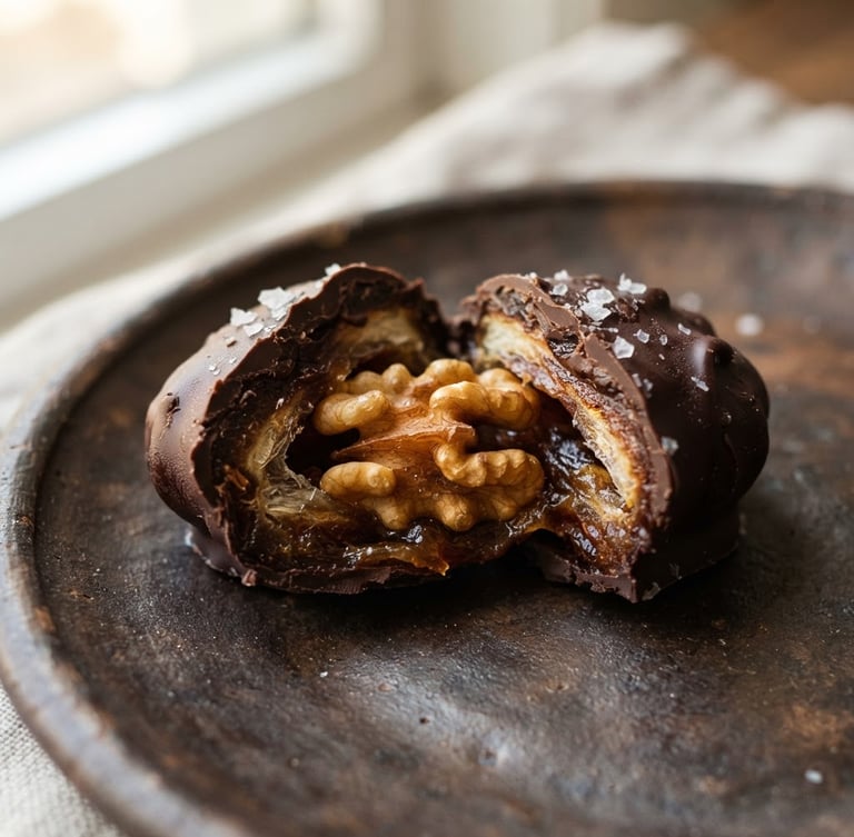 Macro shot of a chocolate-covered Medjool date sliced in half, revealing a roasted walnut center, soft side-lit window light, rich cacao tones.