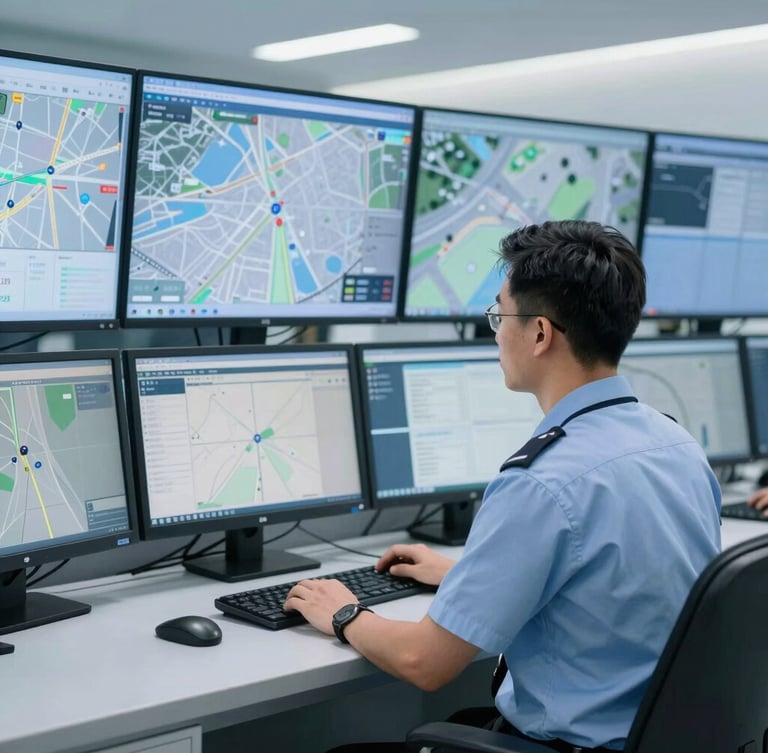 A professional transport dispatcher in a clean uniform monitoring GPS tracking screens in a modern control center, cool blue tones, sharp focus.