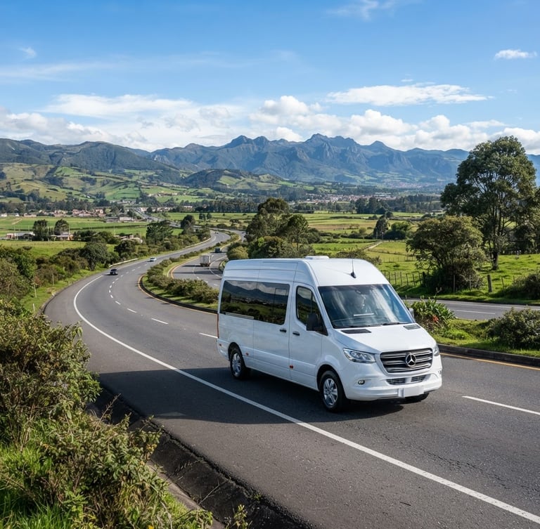 Wide environmental shot of a spotless white executive Mercedes-Benz transport van driving along the scenic Sabana de Bogotá highway under bright morning daylight, clean reflections, professional editorial style