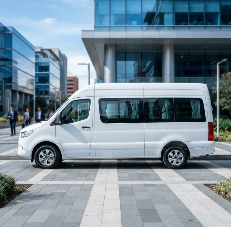 Close-up side-profile of a spotless modern white executive transport van parked in a clean corporate plaza in Bogotá, bright morning daylight, sharp focus, professional editorial style