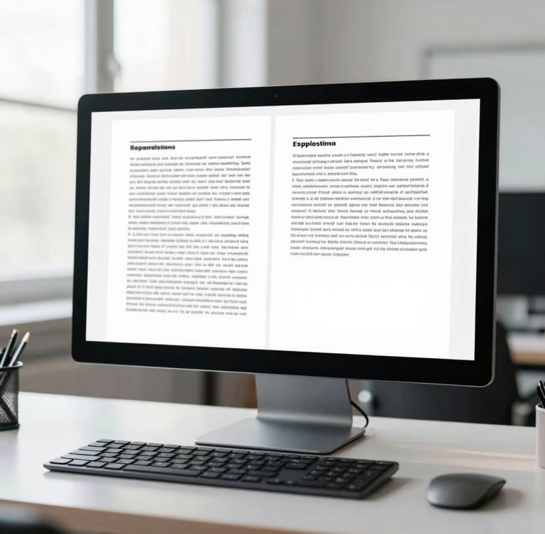 A clean academic desk with a double-column research paper template displayed on a high-resolution monitor, bright natural daylight, professional cool tones