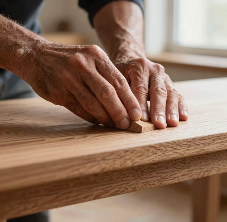 A close-up portrait shot of a seasoned woodworker's hands gently sanding a smooth piece of finished oak furniture, soft directional window light highlighting the grain, shallow depth of field.