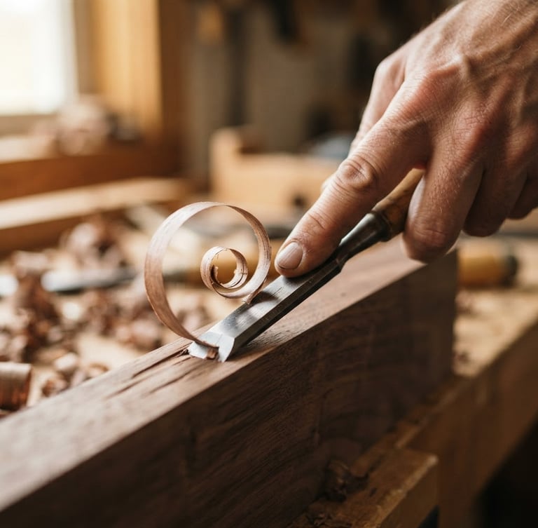Close-up of a skilled hand holding a sharp wood chisel, creating a long, curly shaving from a piece of walnut, soft directional window light, rich wood tones, shallow depth of field.