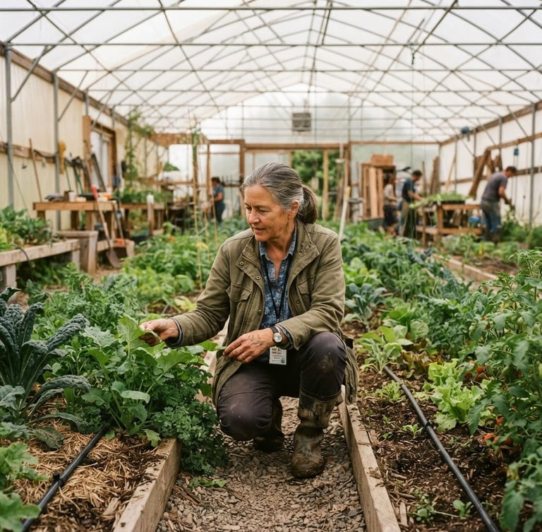 A wide environmental portrait of a local agricultural leader inspecting a sustainable greenhouse crop, soft warm overcast daylight, muted earth tones, authentic documentary style.