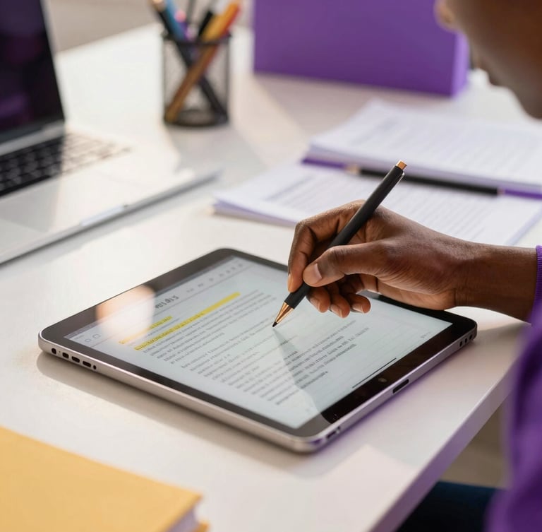 Gros plan sur les mains d'un membre de l'équipe APY Digital Solutions planifiant du contenu sur une tablette, avec des notes manuscrites et des éclats de lumière dorée, dans un bureau moderne et lumineux à Abidjan, faible profondeur de champ.