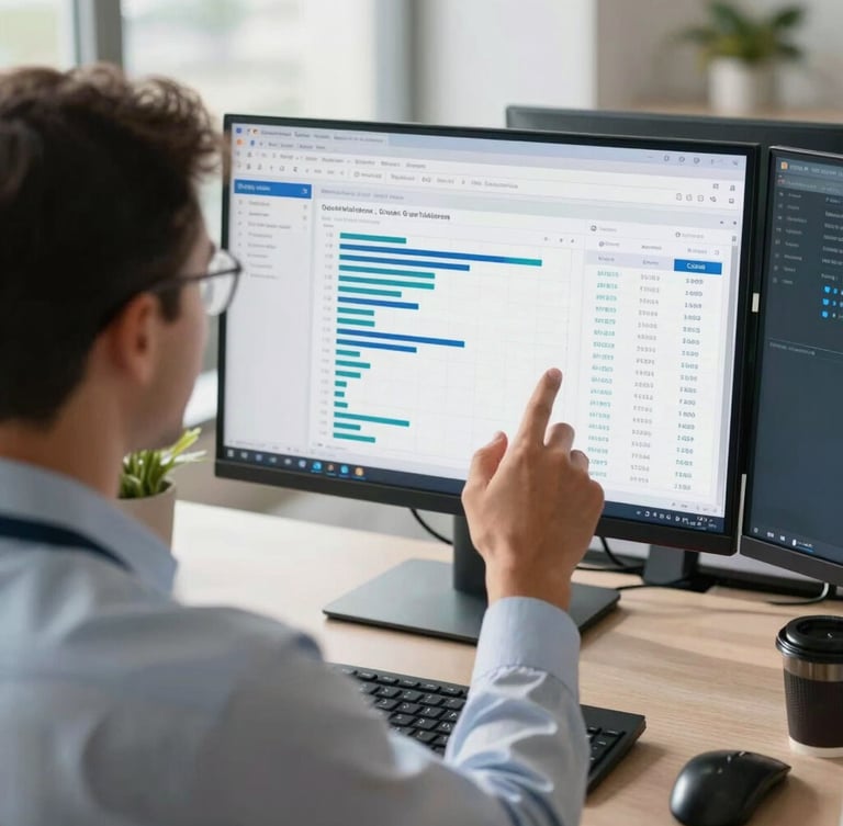 Over-the-shoulder shot of a South African accountant analyzing a clean financial dashboard on a dual-monitor setup, bright natural morning light, modern office setting.