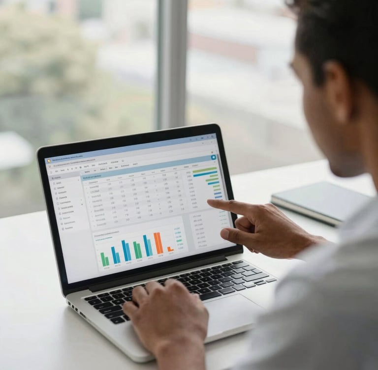 Over-the-shoulder shot of a South African entrepreneur analyzing a clean financial dashboard on a modern laptop screen, bright natural daylight filtering through office windows.