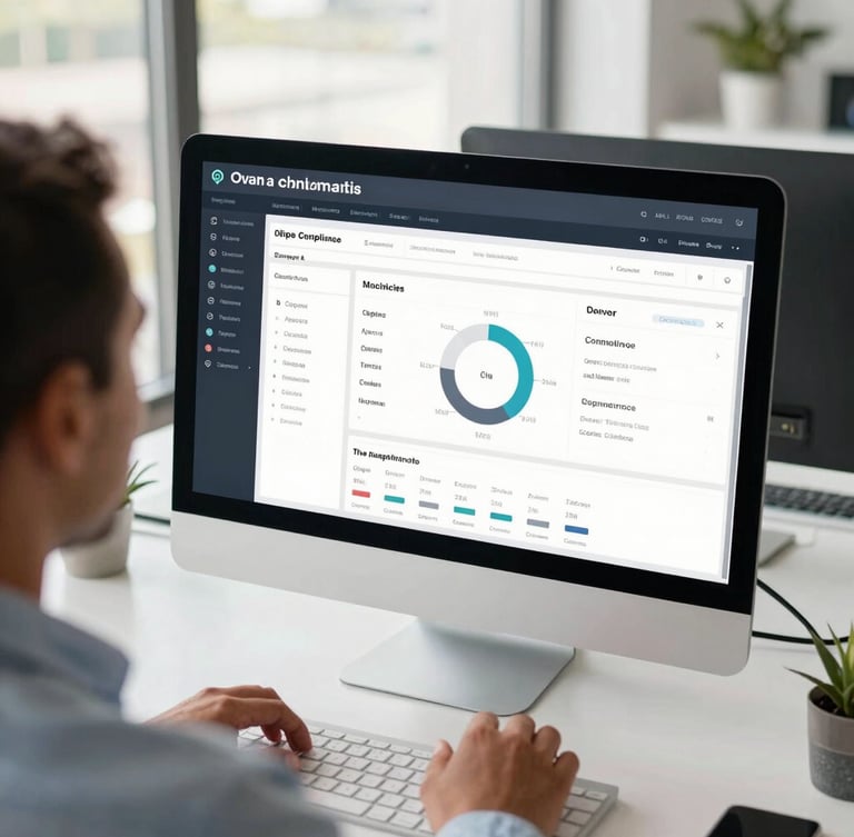 Over-the-shoulder shot of a South African entrepreneur working on a clean digital compliance dashboard, bright natural daylight, modern office setting.