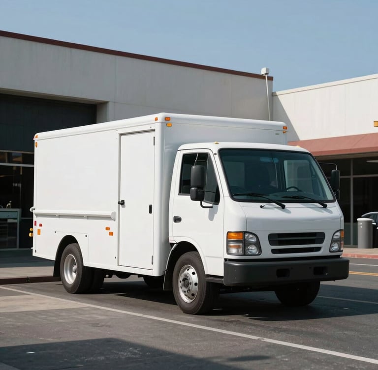 A clean, branded white utility truck parked on a sterile Oakland commercial street during bright daylight, sharp architectural lines.
