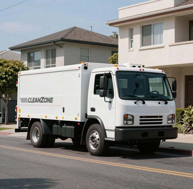 A spotless white CleanZone utility truck parked on a clean Oakland residential street during bright daylight, sharp architectural framing