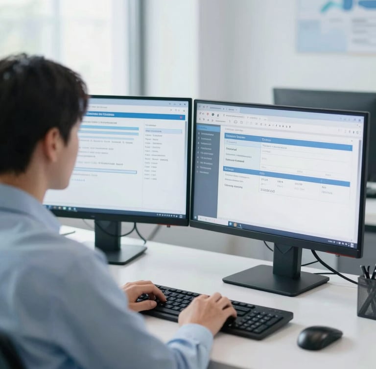 Over-the-shoulder perspective of a professional billing specialist working with dual monitors in a bright, modern clinical office with soft window light.