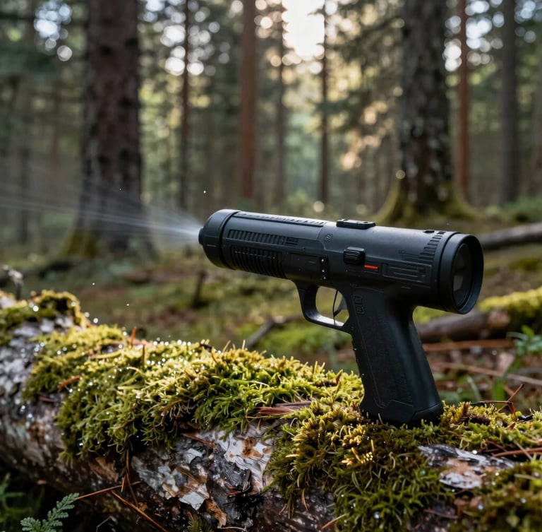 Close-up of a high-tech laser game receiver and tagger resting on a mossy log, morning dew, sunlight filtering through pine trees, sharp focus.