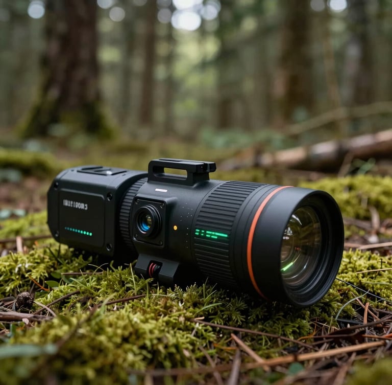 Close-up of high-tech outdoor laser game equipment resting on natural mossy ground, forest background, soft overcast light