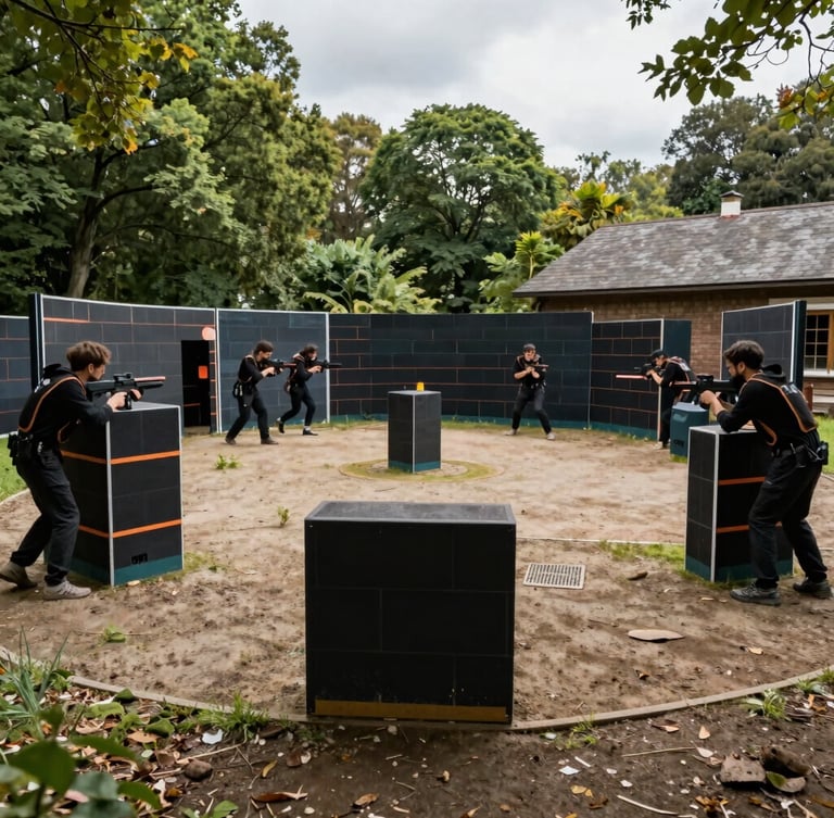 Wide-angle shot of a custom laser tag tactical arena set up in a public village square, overcast daylight, safety barriers visible.