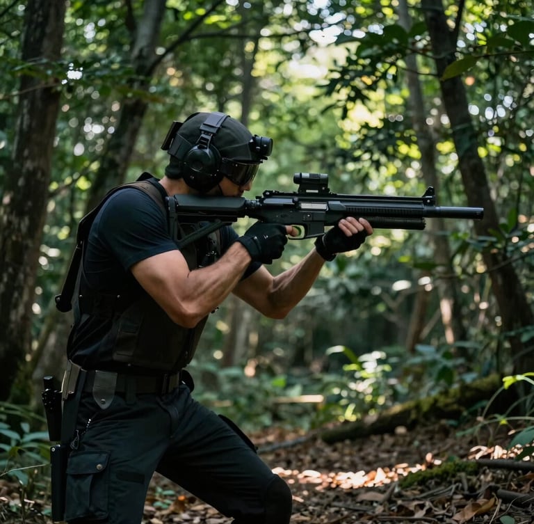 Low-angle heroic perspective of a tactical laser game player holding a sleek infrared tagger in a sunny forest, deep greens and charcoal, cinematic depth of field.