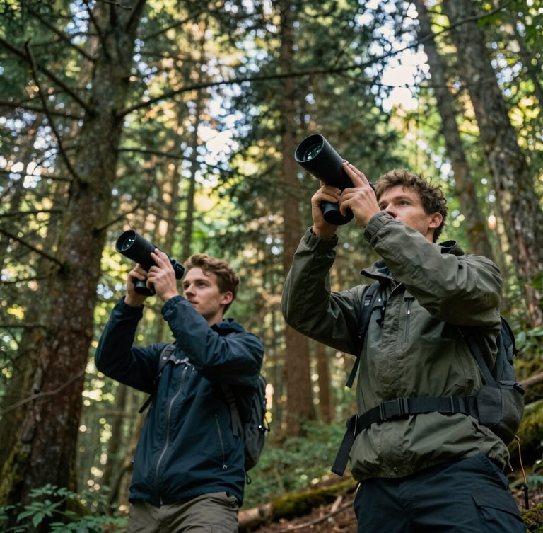 Low-angle heroic shot of two players in outdoor gear holding high-tech infrared emitters, natural sunlight filtering through forest trees, rich earthy greens, cinematic depth of field.