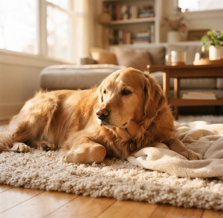 Warm editorial photograph of a golden retriever relaxing on a plush rug in a sun-drenched living room, shallow depth of field, natural and unposed, golden hour light.