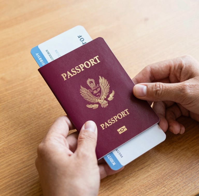 Close-up of hands holding passport and boarding pass over a clean wooden table, bright natural daylight, warm editorial travel photography, 35mm lens.