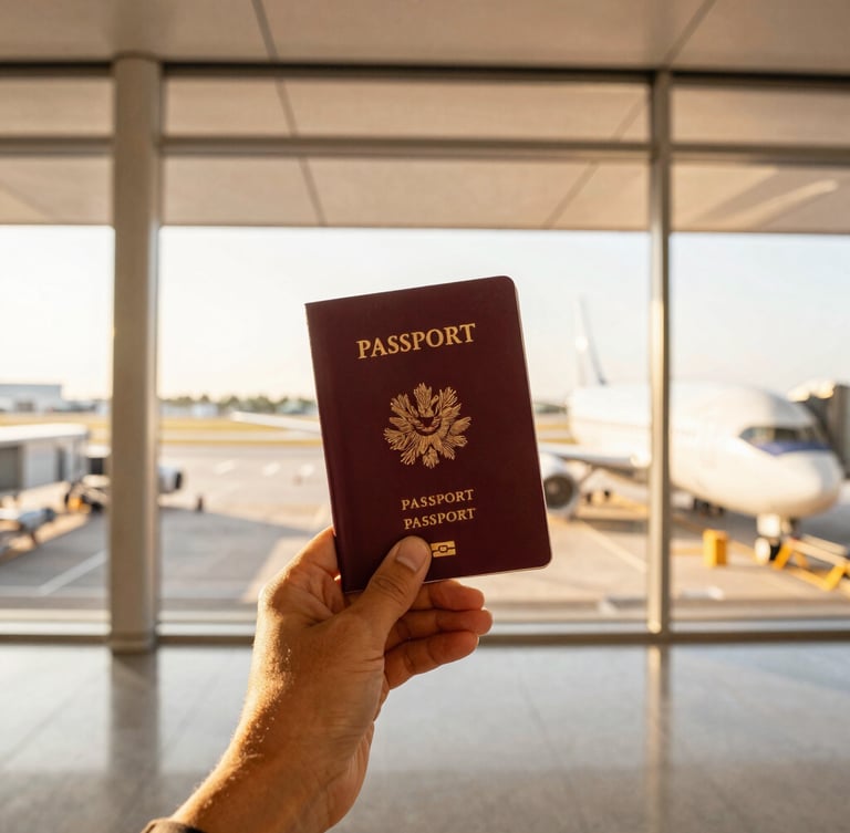 A traveler holding a passport and boarding pass at a bright airport terminal window, warm sun-drenched golden hour light, rich saturated tones.