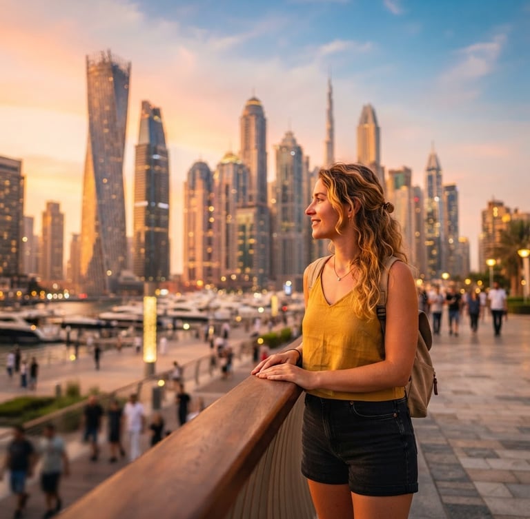 Wide-angle portrait of a traveler looking at modern Dubai architecture at golden hour, warm sun-drenched tones, 35mm lens.