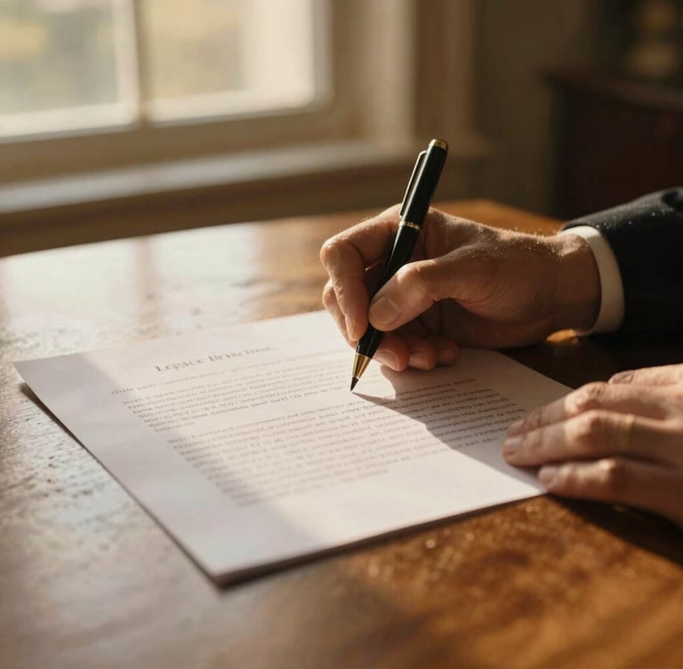 Close-up of hands signing a legacy planning document on a warm oak table, soft golden-hour window light, elegant and quiet atmosphere, 35mm.