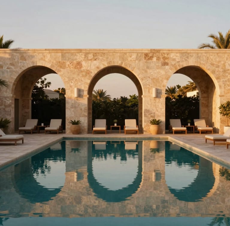 Symmetrical architectural shot of a luxury resort pool at golden hour, warm stone arches reflecting in still water, minimalist lounge chairs, soft twilight.