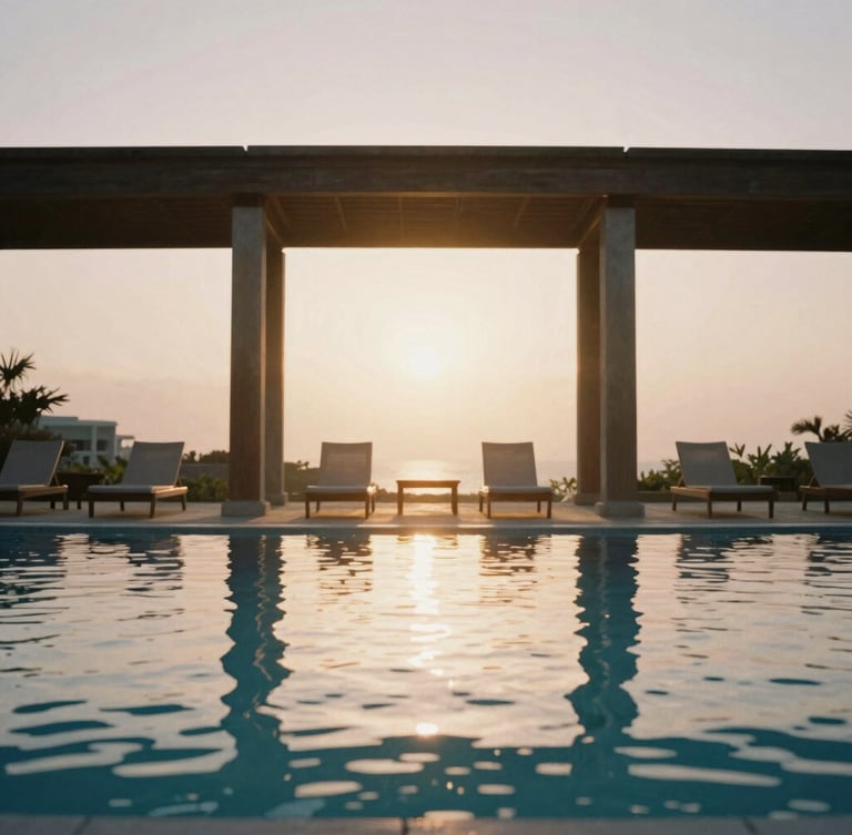 A serene, symmetrical architectural shot of the infinity pool at Salt Water Resorts during golden hour, with the low sun reflecting off the calm water and empty lounge chairs positioned elegantly in the background, 35mm film aesthetic, rich muted tones.