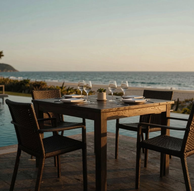 An environmental medium shot of a private, perfectly set poolside table at golden hour, overlooking a quiet beach landscape, low-contrast natural light, rich muted tones.