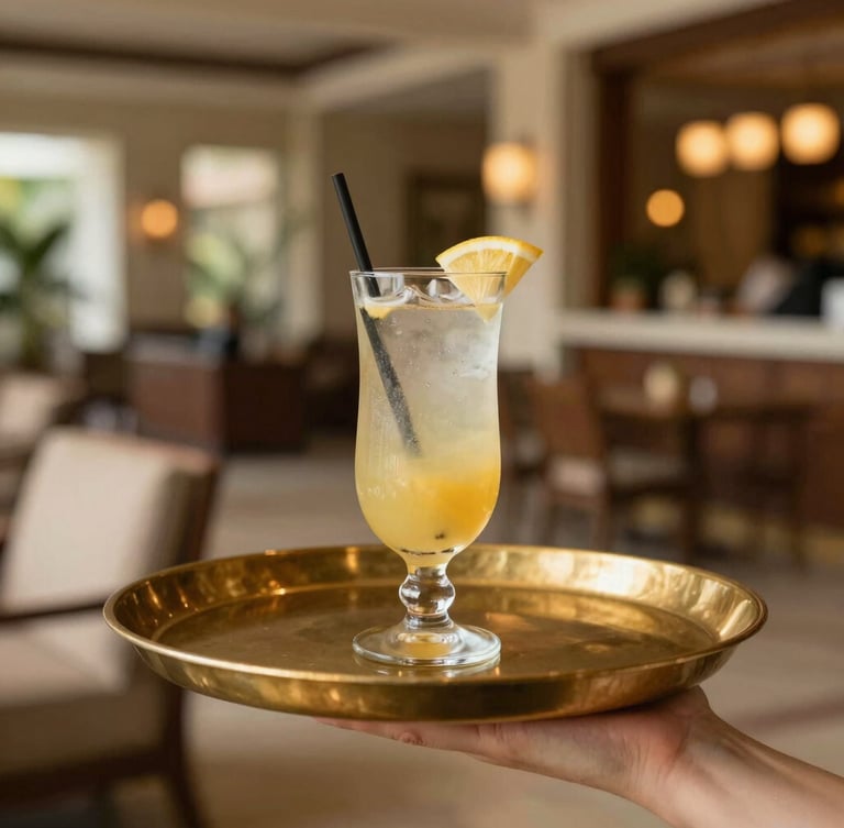 An intimate, close-up shot of a hand-delivered welcome drink on a brass tray, with the warm interior glow of the Ananta resort lobby softly blurred in the background, shallow depth of field, warm editorial photography.