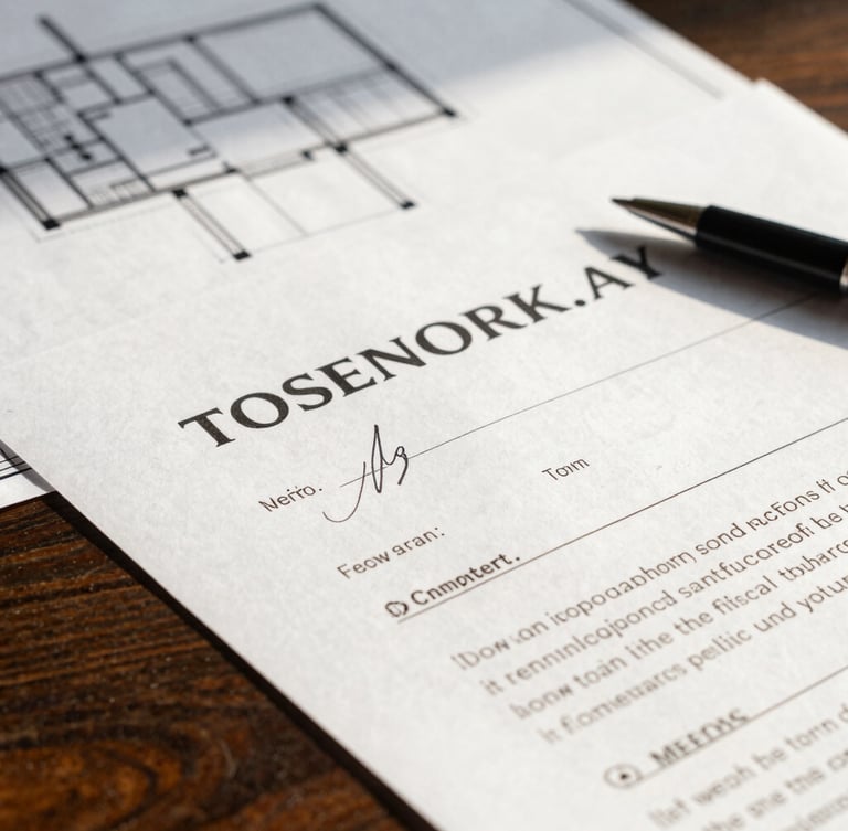 Macro close-up of a signed corporate contract and architectural blueprints on a dark wood table, warm side lighting, editorial corporate style, 35mm