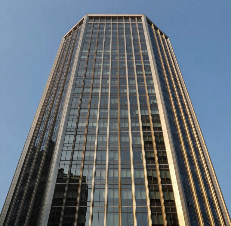 Low-angle architectural crop of a modern steel and glass financial tower in Mumbai, sharp daylight shadows, editorial corporate photography style