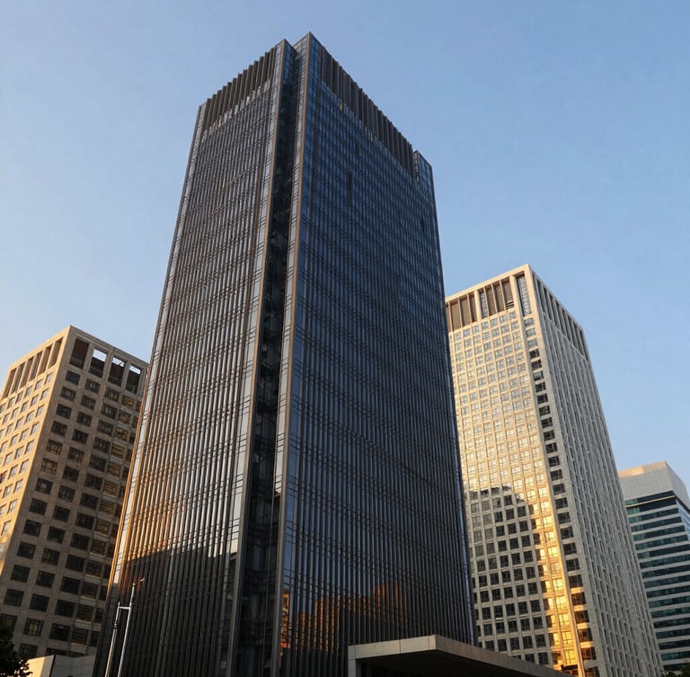 Wide-angle editorial corporate photography of a modern financial district in Mumbai, crisp daylight, architectural shadows, deep navy and warm gold tones, sharp focus, 35mm